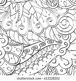 Tracery seamless pattern. Mehndi design. Ethnic monochrome binary doodle texture. Curved doodling black and white background. Vector