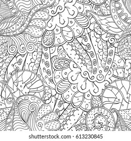 Tracery seamless pattern. Mehndi design. Ethnic monochrome binary doodle texture. Curved doodling black and white background. Vector