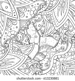 Tracery seamless pattern. Mehndi design. Ethnic monochrome binary doodle texture. Curved doodling black and white background. Vector