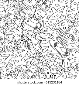 Tracery seamless pattern. Mehndi design. Ethnic monochrome binary doodle texture. Curved doodling black and white background. Vector