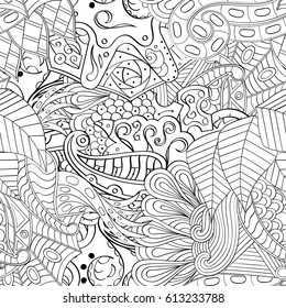 Tracery seamless pattern. Mehndi design. Ethnic monochrome binary doodle texture. Curved doodling black and white background. Vector