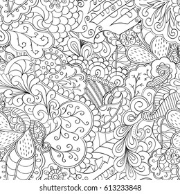 Tracery seamless pattern. Mehndi design. Ethnic monochrome binary doodle texture. Curved doodling black and white background. Vector