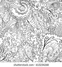 Tracery seamless pattern. Mehndi design. Ethnic monochrome binary doodle texture. Curved doodling black and white background. Vector