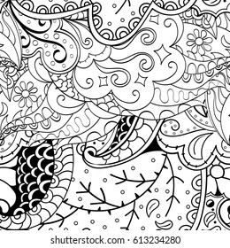 Tracery seamless pattern. Mehndi design. Ethnic monochrome binary doodle texture. Curved doodling black and white background. Vector