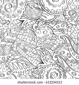 Tracery seamless pattern. Mehndi design. Ethnic monochrome binary doodle texture. Curved doodling black and white background. Vector