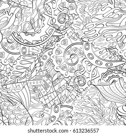 Tracery seamless pattern. Mehndi design. Ethnic monochrome binary doodle texture. Curved doodling black and white background. Vector