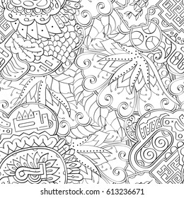 Tracery seamless pattern. Mehndi design. Ethnic monochrome binary doodle texture. Curved doodling black and white background. Vector