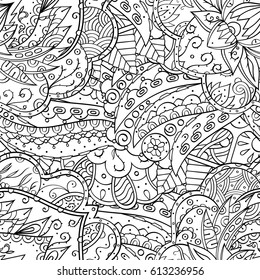 Tracery seamless pattern. Mehndi design. Ethnic monochrome binary doodle texture. Curved doodling black and white background. Vector