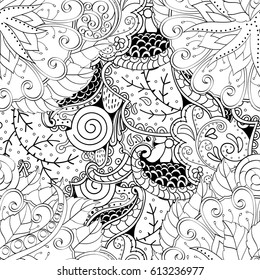 Tracery seamless pattern. Mehndi design. Ethnic monochrome binary doodle texture. Curved doodling black and white background. Vector