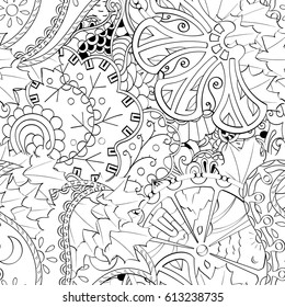 Tracery seamless pattern. Mehndi design. Ethnic monochrome binary doodle texture. Curved doodling black and white background. Vector