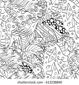 Tracery seamless pattern. Mehndi design. Ethnic monochrome binary doodle texture. Curved doodling black and white background. Vector