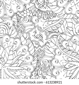 Tracery seamless pattern. Mehndi design. Ethnic monochrome binary doodle texture. Curved doodling black and white background. Vector