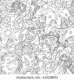 Tracery seamless pattern. Mehndi design. Ethnic monochrome binary doodle texture. Curved doodling black and white background. Vector