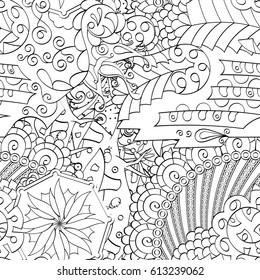 Tracery seamless pattern. Mehndi design. Ethnic monochrome binary doodle texture. Curved doodling black and white background. Vector