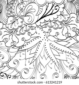 Tracery seamless pattern. Mehndi design. Ethnic monochrome binary doodle texture. Curved doodling black and white background. Vector