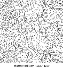 Tracery seamless pattern. Mehndi design. Ethnic monochrome binary doodle texture. Curved doodling black and white background. Vector