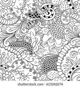 Tracery seamless pattern. Mehndi design. Ethnic monochrome binary doodle texture. Curved doodling black and white background. Vector