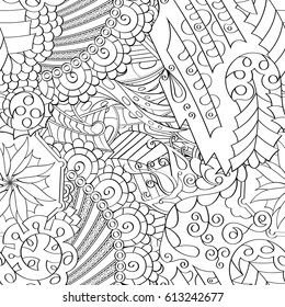 Tracery seamless pattern. Mehndi design. Ethnic monochrome binary doodle texture. Curved doodling black and white background. Vector
