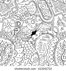 Tracery seamless pattern. Mehndi design. Ethnic monochrome binary doodle texture. Curved doodling black and white background. Vector