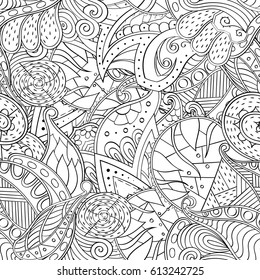 Tracery seamless pattern. Mehndi design. Ethnic monochrome binary doodle texture. Curved doodling black and white background. Vector