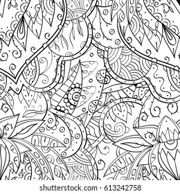 Tracery seamless pattern. Mehndi design. Ethnic monochrome binary doodle texture. Curved doodling black and white background. Vector