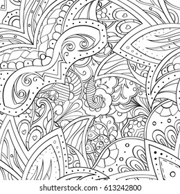 Tracery seamless pattern. Mehndi design. Ethnic monochrome binary doodle texture. Curved doodling black and white background. Vector