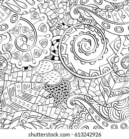 Tracery seamless pattern. Mehndi design. Ethnic monochrome binary doodle texture. Curved doodling black and white background. Vector