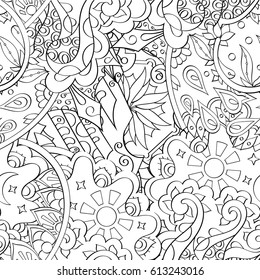 Tracery seamless pattern. Mehndi design. Ethnic monochrome binary doodle texture. Curved doodling black and white background. Vector