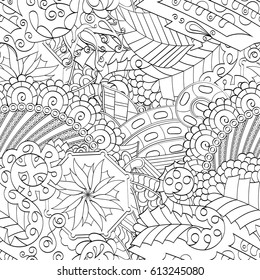 Tracery seamless pattern. Mehndi design. Ethnic monochrome binary doodle texture. Curved doodling black and white background. Vector