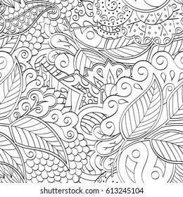 Tracery seamless pattern. Mehndi design. Ethnic monochrome binary doodle texture. Curved doodling black and white background. Vector