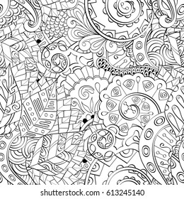 Tracery seamless pattern. Mehndi design. Ethnic monochrome binary doodle texture. Curved doodling black and white background. Vector