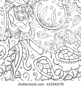Tracery seamless pattern. Mehndi design. Ethnic monochrome binary doodle texture. Curved doodling black and white background. Vector