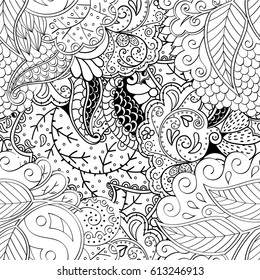 Tracery seamless pattern. Mehndi design. Ethnic monochrome binary doodle texture. Curved doodling black and white background. Vector