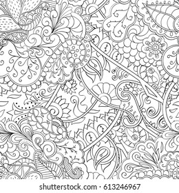 Tracery seamless pattern. Mehndi design. Ethnic monochrome binary doodle texture. Curved doodling black and white background. Vector