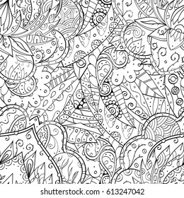 Tracery seamless pattern. Mehndi design. Ethnic monochrome binary doodle texture. Curved doodling black and white background. Vector