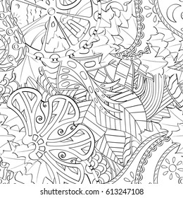 Tracery seamless pattern. Mehndi design. Ethnic monochrome binary doodle texture. Curved doodling black and white background. Vector