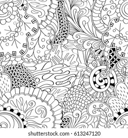 Tracery seamless pattern. Mehndi design. Ethnic monochrome binary doodle texture. Curved doodling black and white background. Vector