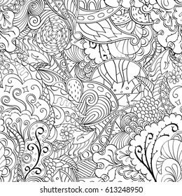 Tracery seamless pattern. Mehndi design. Ethnic monochrome binary doodle texture. Curved doodling black and white background. Vector