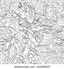 Tracery seamless pattern. Mehndi design. Ethnic monochrome binary doodle texture. Curved doodling black and white background. Vector