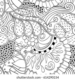 Tracery seamless pattern. Mehndi design. Ethnic monochrome binary doodle texture. Curved doodling black and white background. Vector