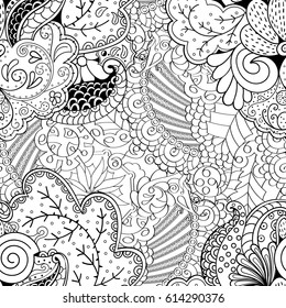 Tracery seamless pattern. Mehndi design. Ethnic monochrome binary doodle texture. Curved doodling black and white background. Vector