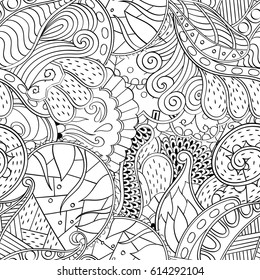 Tracery seamless pattern. Mehndi design. Ethnic monochrome binary doodle texture. Curved doodling black and white background. Vector