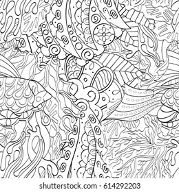 Tracery seamless pattern. Mehndi design. Ethnic monochrome binary doodle texture. Curved doodling black and white background. Vector