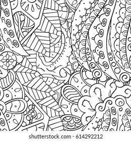Tracery seamless pattern. Mehndi design. Ethnic monochrome binary doodle texture. Curved doodling black and white background. Vector