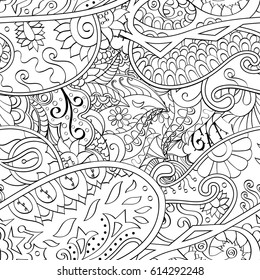 Tracery seamless pattern. Mehndi design. Ethnic monochrome binary doodle texture. Curved doodling black and white background. Vector