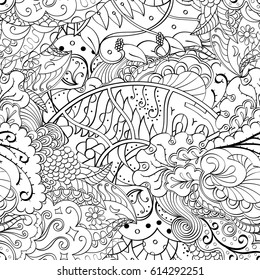 Tracery seamless pattern. Mehndi design. Ethnic monochrome binary doodle texture. Curved doodling black and white background. Vector