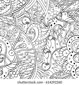 Tracery seamless pattern. Mehndi design. Ethnic monochrome binary doodle texture. Curved doodling black and white background. Vector