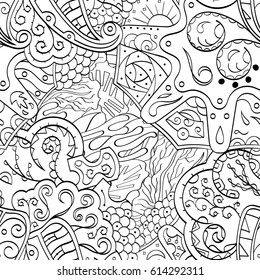 Tracery seamless pattern. Mehndi design. Ethnic monochrome binary doodle texture. Curved doodling black and white background. Vector
