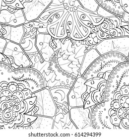 Tracery seamless pattern. Mehndi design. Ethnic monochrome binary doodle texture. Curved doodling black and white background. Vector