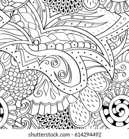Tracery seamless pattern. Mehndi design. Ethnic monochrome binary doodle texture. Curved doodling black and white background. Vector